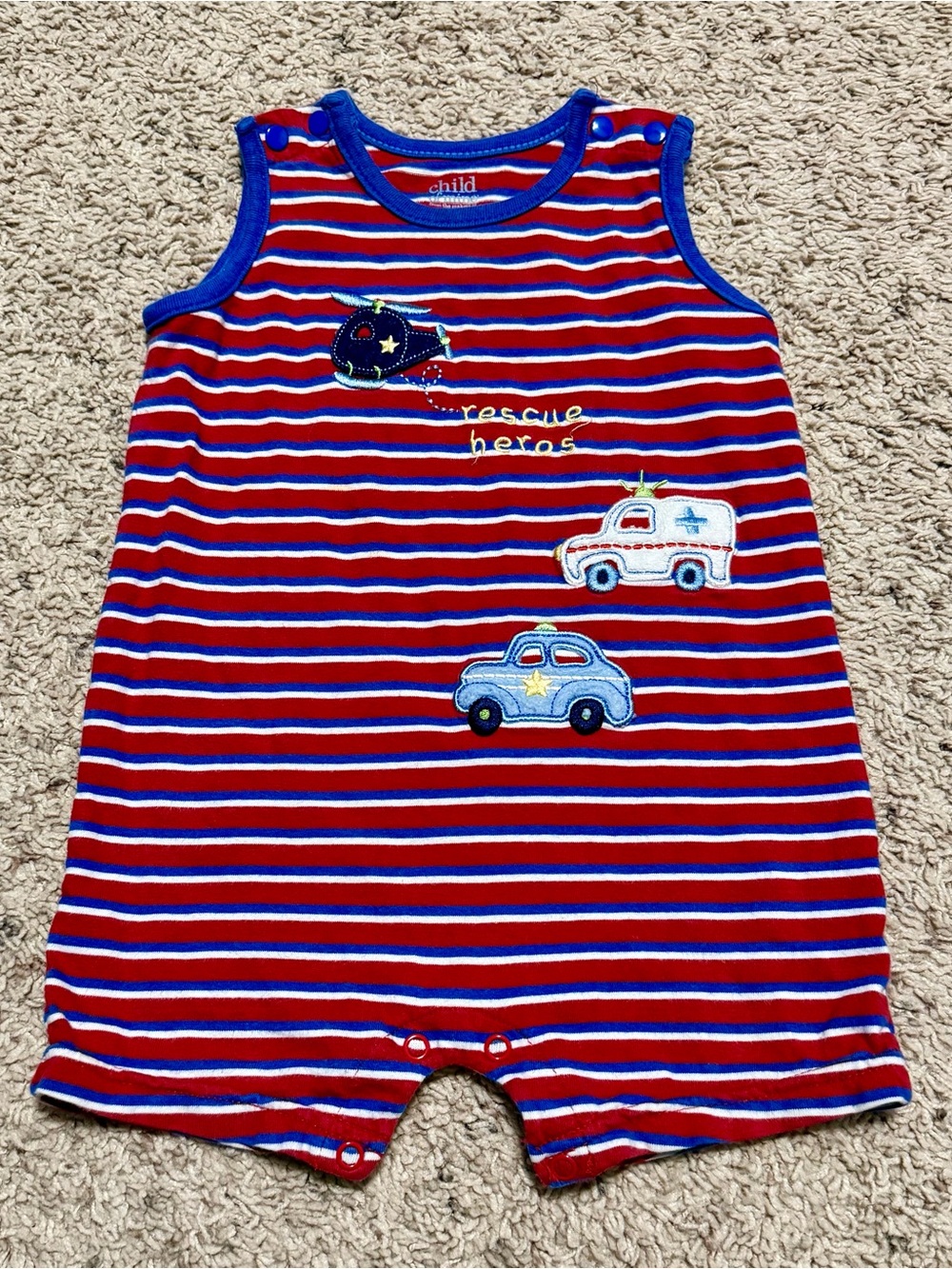 Vintage Child of Mine Red & Blue Striped Rescue Vehicles Baby Romper